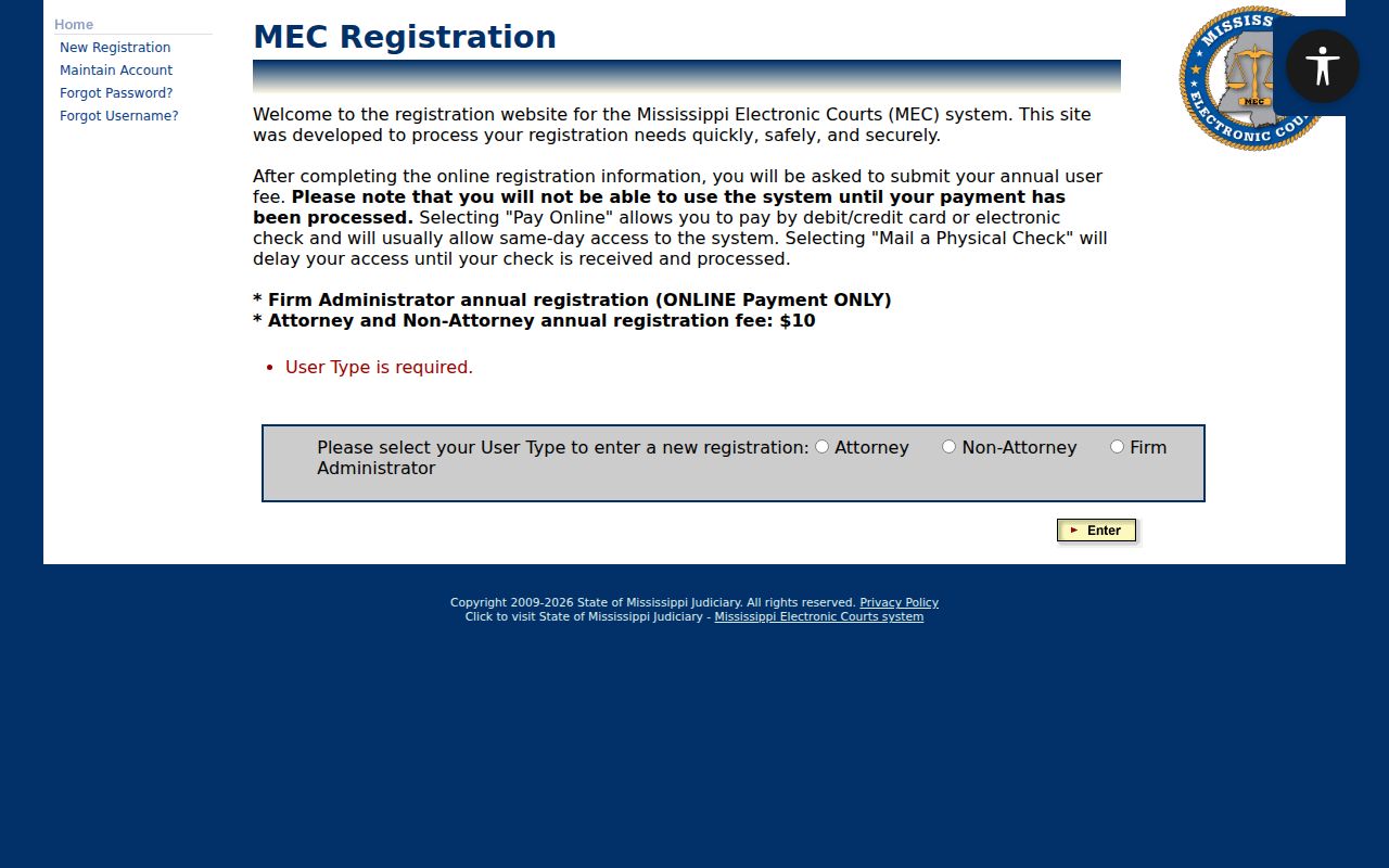 Official PAMEC public registration screen used for Issaquena Circuit Court access
