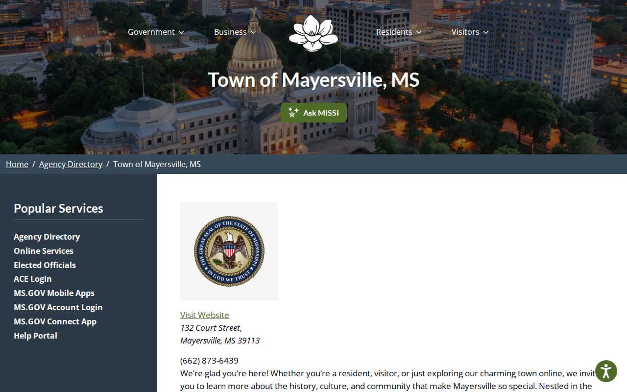 Official Mississippi government listing for Mayersville